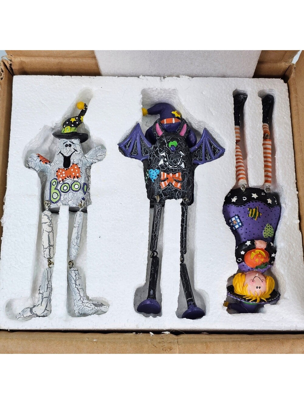 Halloween Shelf Sitters Set of 3 Witch Ghost Bat Dangling Legs Crackle Finish 8"